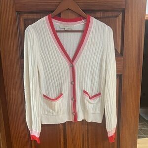 LOFT Cream and Pink Ribbed Cardigan